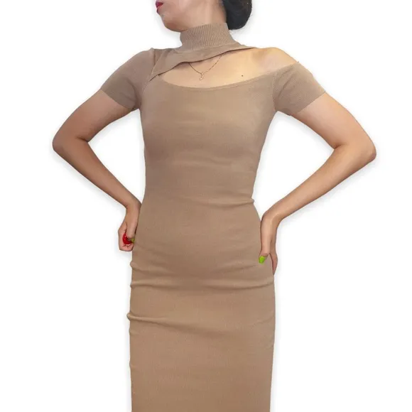 NWT HERA Collection Highneck Cutout Beige Ribbed Bodycon Dress Size S