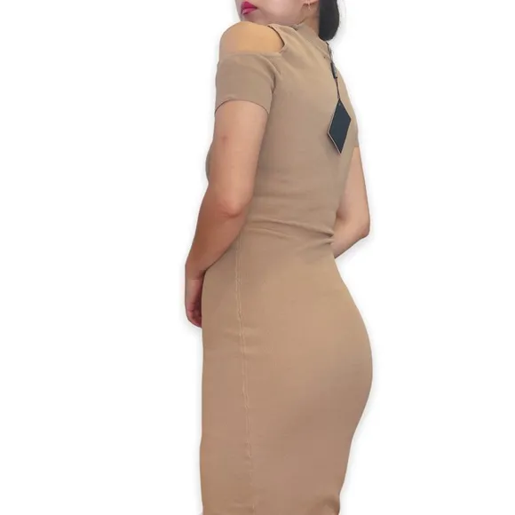 NWT HERA Collection Highneck Cutout Beige Ribbed Bodycon Dress Size S