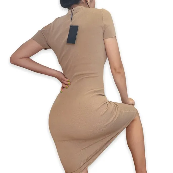 NWT HERA Collection Highneck Cutout Beige Ribbed Bodycon Dress Size S