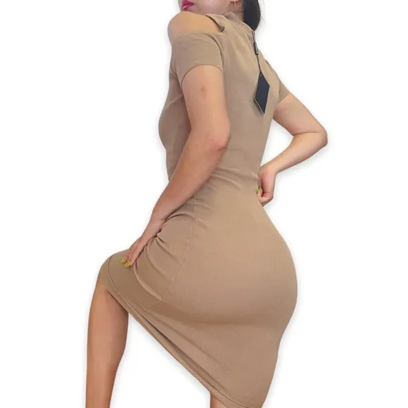 NWT HERA Collection Highneck Cutout Beige Ribbed Bodycon Dress Size S