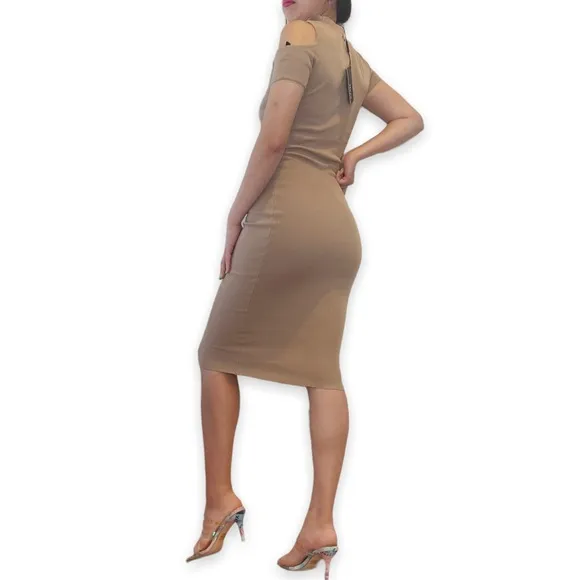NWT HERA Collection Highneck Cutout Beige Ribbed Bodycon Dress Size S