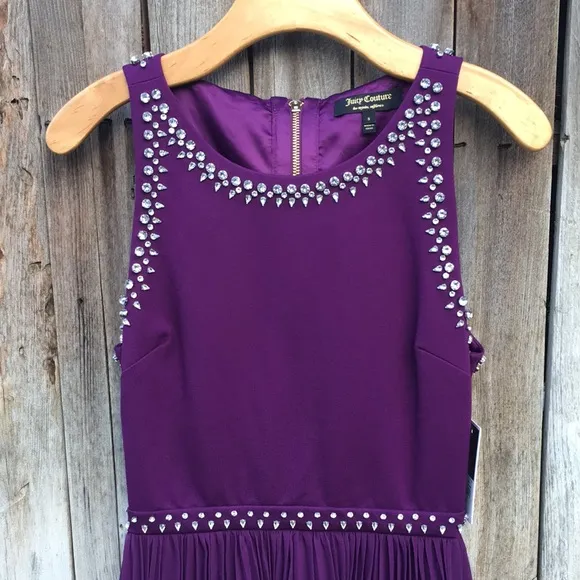 NWT Juicy Couture Rhinestone Embellished Mixed Fabric Mini Dress Purple S