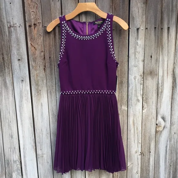 NWT Juicy Couture Rhinestone Embellished Mixed Fabric Mini Dress Purple S