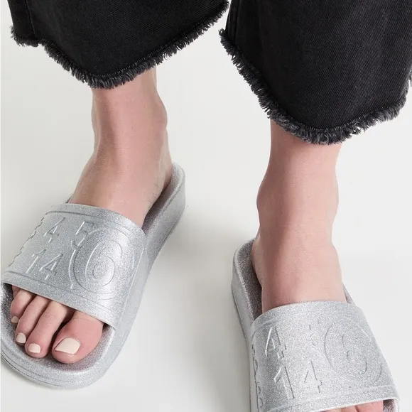 NWT Maison Margiela MM6 Hotel Pool Slides in silver glitter women’s IT41 / US 11
