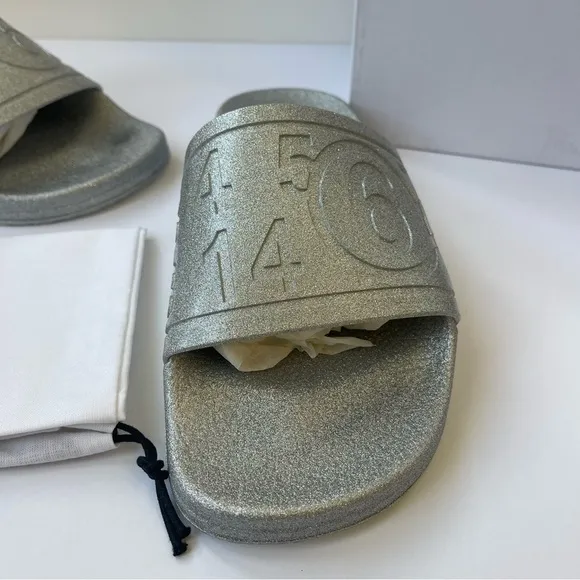 NWT Maison Margiela MM6 Hotel Pool Slides in silver glitter women’s IT41 / US 11