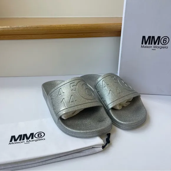 NWT Maison Margiela MM6 Hotel Pool Slides in silver glitter women’s IT41 / US 11