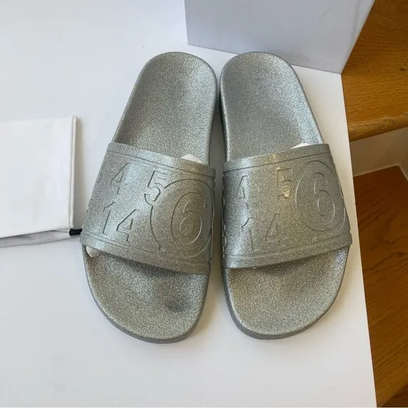NWT Maison Margiela MM6 Hotel Pool Slides in silver glitter women’s IT41 / US 11