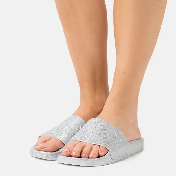 NWT Maison Margiela MM6 Hotel Pool Slides in silver glitter women’s IT41 / US 11