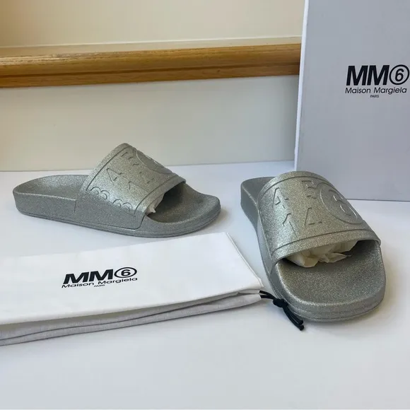 NWT Maison Margiela MM6 Hotel Pool Slides in silver glitter women’s IT41 / US 11