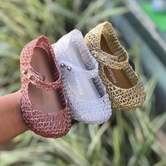 NWT MINI MELISSA Campana Kids Flats In Rose Gold Glitter Size 6T