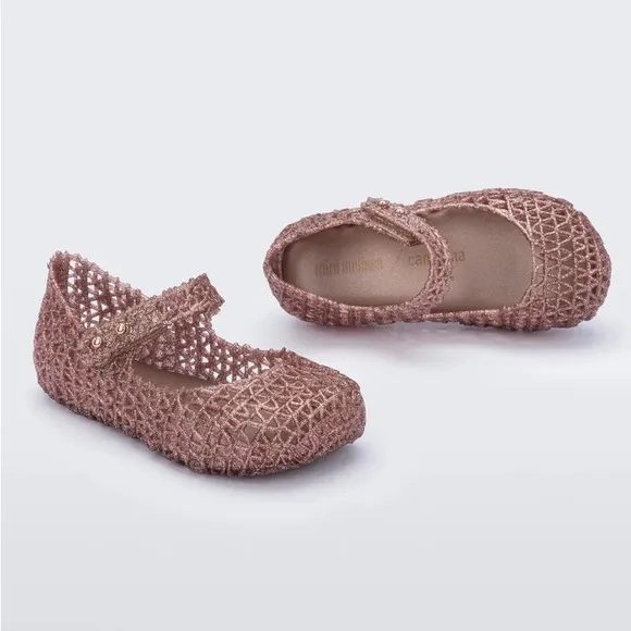 NWT MINI MELISSA Campana Kids Flats In Rose Gold Glitter Size 6T