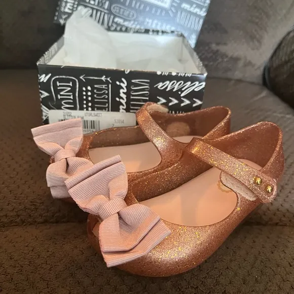 NWT MINI MELISSA Ultragirl Sweet Bow Pink Glitter Kids Flats Size 7T