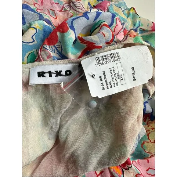NWT Rixo Floral Flutter Cap Sleeve Thanvi Tiered Silk Maxi Dress Multicolor XXS