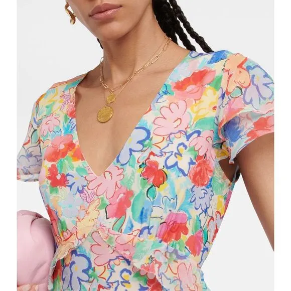 NWT Rixo Floral Flutter Cap Sleeve Thanvi Tiered Silk Maxi Dress Multicolor XXS