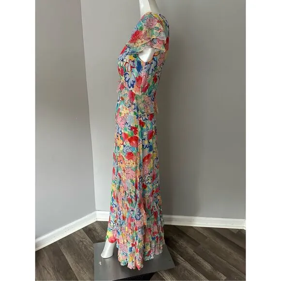 NWT Rixo Floral Flutter Cap Sleeve Thanvi Tiered Silk Maxi Dress Multicolor XXS
