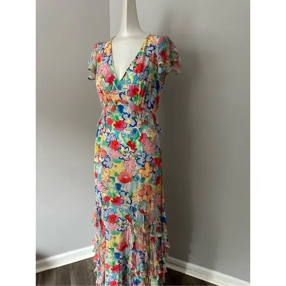 NWT Rixo Floral Flutter Cap Sleeve Thanvi Tiered Silk Maxi Dress Multicolor XXS