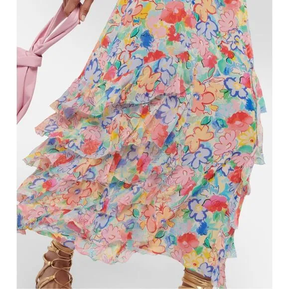 NWT Rixo Floral Flutter Cap Sleeve Thanvi Tiered Silk Maxi Dress Multicolor XXS