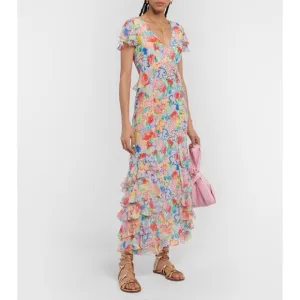 NWT Rixo Floral Flutter Cap Sleeve Thanvi Tiered Silk Maxi Dress Multicolor XXS