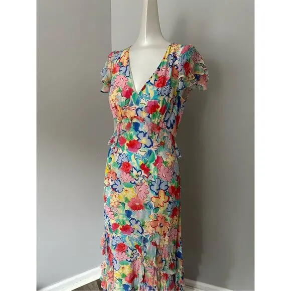 NWT Rixo Floral Flutter Cap Sleeve Thanvi Tiered Silk Maxi Dress Multicolor XXS