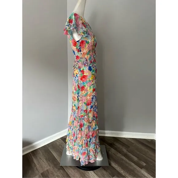 NWT Rixo Floral Flutter Cap Sleeve Thanvi Tiered Silk Maxi Dress Multicolor XXS