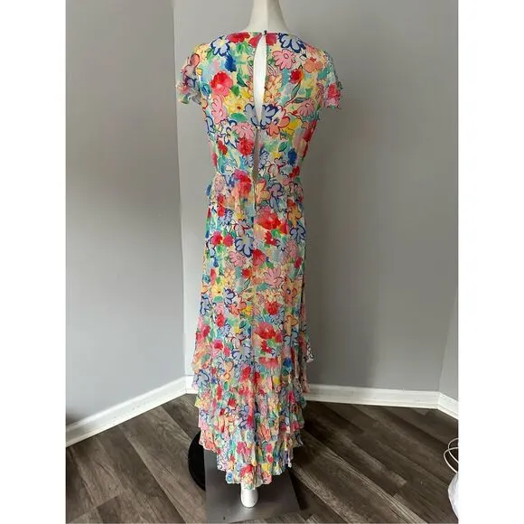 NWT Rixo Floral Flutter Cap Sleeve Thanvi Tiered Silk Maxi Dress Multicolor XXS