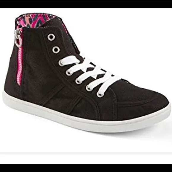 NWT Roxy black sneakers shoes Zipper Hi Top Sneakers Silver Glitter Logo Pink
