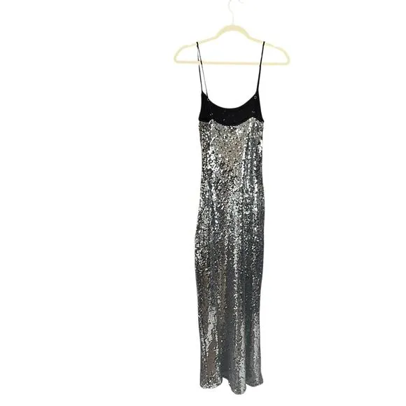 NWT Rumored Disco Slip Maxi Dress Silver Sequin Stretch XS