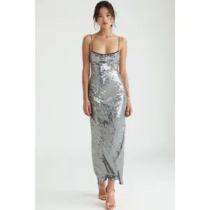 NWT Rumored Disco Slip Maxi Dress Silver Sequin Stretch XS