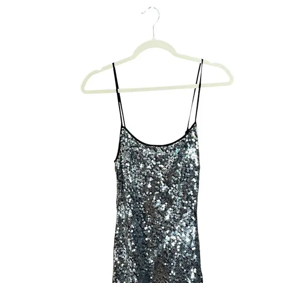 NWT Rumored Disco Slip Maxi Dress Silver Sequin Stretch XS