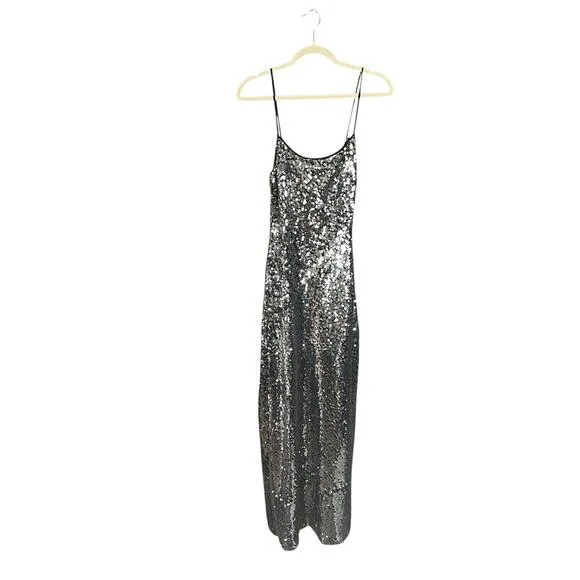 NWT Rumored Disco Slip Maxi Dress Silver Sequin Stretch XS