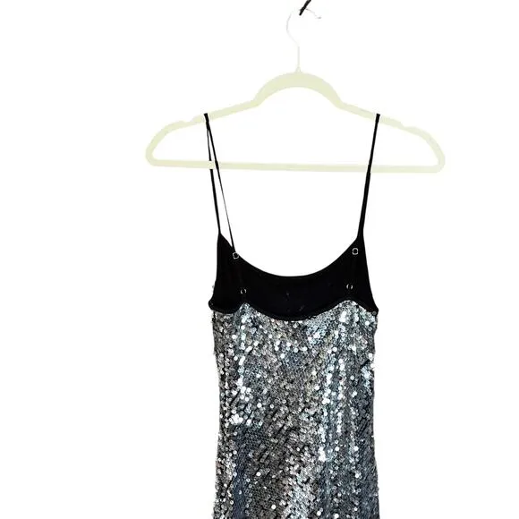 NWT Rumored Disco Slip Maxi Dress Silver Sequin Stretch XS