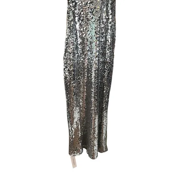 NWT Rumored Disco Slip Maxi Dress Silver Sequin Stretch XS