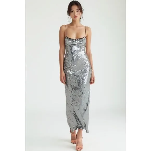 NWT Rumored Disco Slip Maxi Dress Silver Sequin Stretch XS