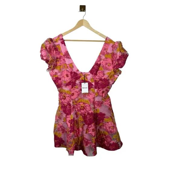 NWT Showpo Brailey Jacquard Puff Sleeve Mini Dress in Pink/Orange Size 14