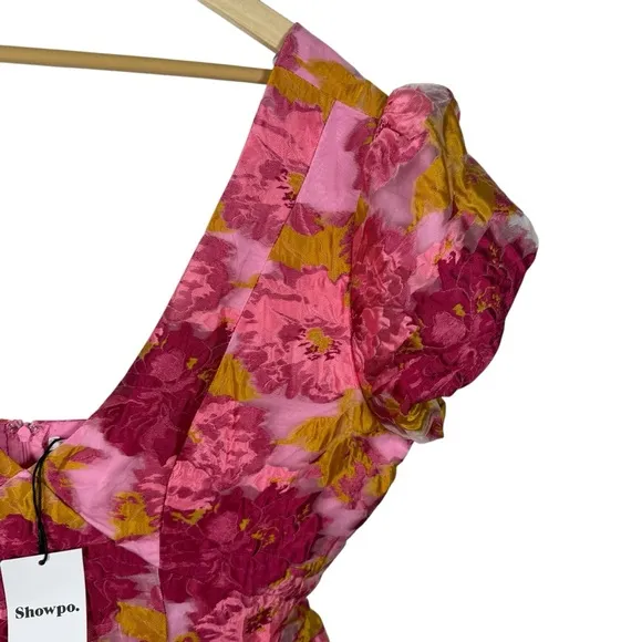 NWT Showpo Brailey Jacquard Puff Sleeve Mini Dress in Pink/Orange Size 14