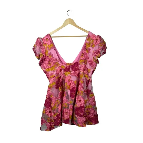 NWT Showpo Brailey Jacquard Puff Sleeve Mini Dress in Pink/Orange Size 14