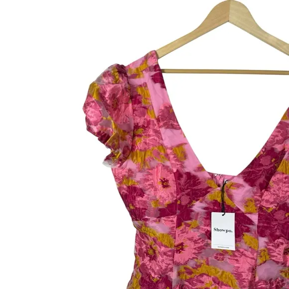 NWT Showpo Brailey Jacquard Puff Sleeve Mini Dress in Pink/Orange Size 14