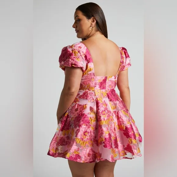NWT Showpo Brailey Jacquard Puff Sleeve Mini Dress in Pink/Orange Size 14