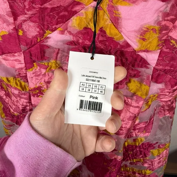 NWT Showpo Brailey Jacquard Puff Sleeve Mini Dress in Pink/Orange Size 14