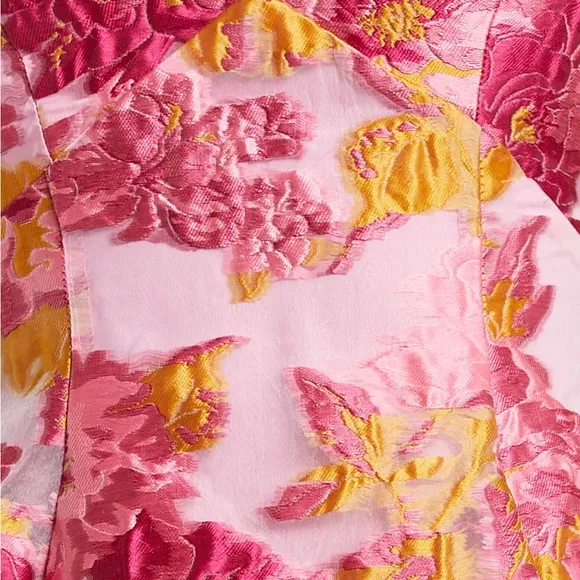 NWT Showpo Brailey Jacquard Puff Sleeve Mini Dress in Pink/Orange Size 14