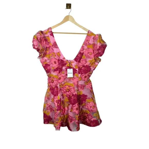 NWT Showpo Brailey Jacquard Puff Sleeve Mini Dress in Pink/Orange Size 14