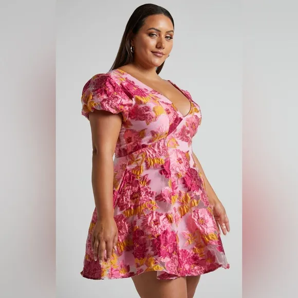 NWT Showpo Brailey Jacquard Puff Sleeve Mini Dress in Pink/Orange Size 14