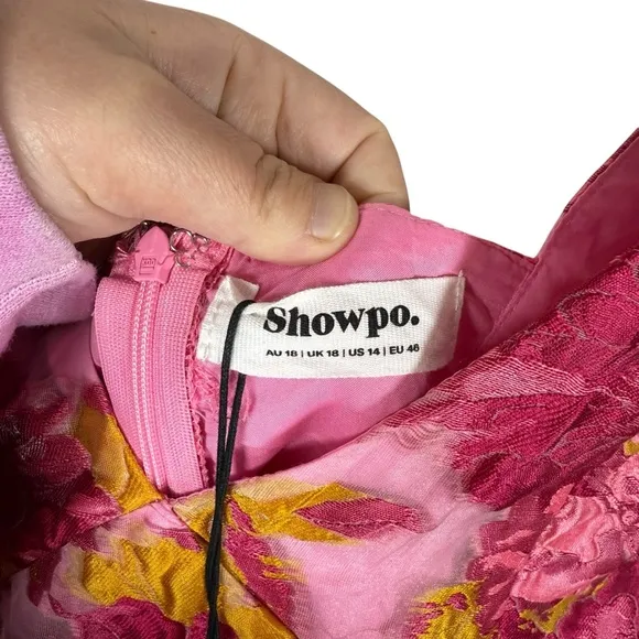 NWT Showpo Brailey Jacquard Puff Sleeve Mini Dress in Pink/Orange Size 14