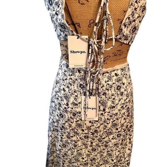 NWT Showpo Maya Linen Blend Blue Porcelain Floral Panelled Crop Top &amp; Maxi Skirt