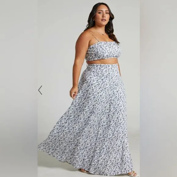 NWT Showpo Maya Linen Blend Blue Porcelain Floral Panelled Crop Top &amp; Maxi Skirt
