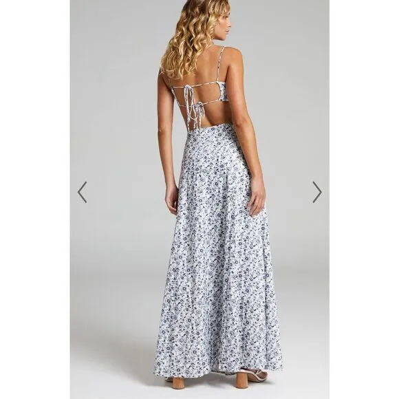 NWT Showpo Maya Linen Blend Blue Porcelain Floral Panelled Crop Top &amp; Maxi Skirt