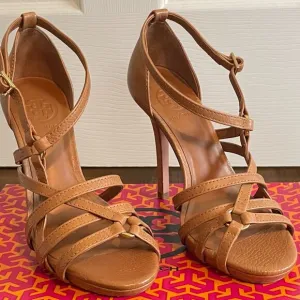 NWT TORY BURCH Elizabella Stiletto Strappy Heel Tumbled Leather Royal Tan Size 7