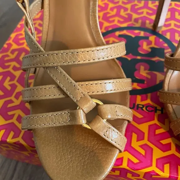 NWT TORY BURCH Elizabella Stiletto Strappy Heel Tumbled Leather Royal Tan Size 7