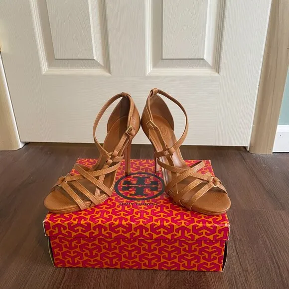 NWT TORY BURCH Elizabella Stiletto Strappy Heel Tumbled Leather Royal Tan Size 7