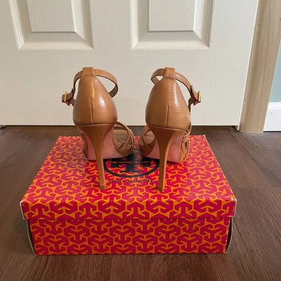 NWT TORY BURCH Elizabella Stiletto Strappy Heel Tumbled Leather Royal Tan Size 7
